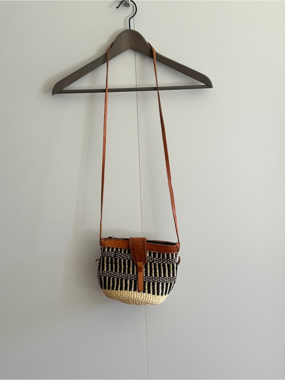 Woven Crossbody Bag with Brown Leather Trim